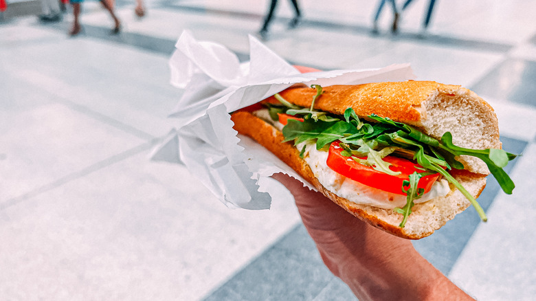 Traveler's hand holding a large sub