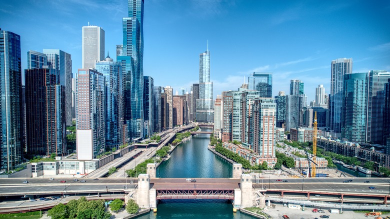 The Chicago River lined by skyscrapers