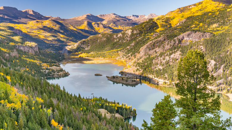 Aerial view of Lake Cristobal near Lake City during autumn fall foliage bright