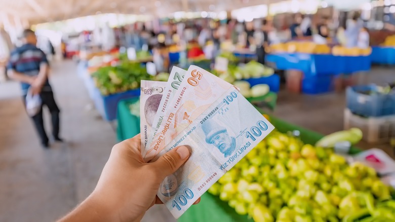 hand holding money in market