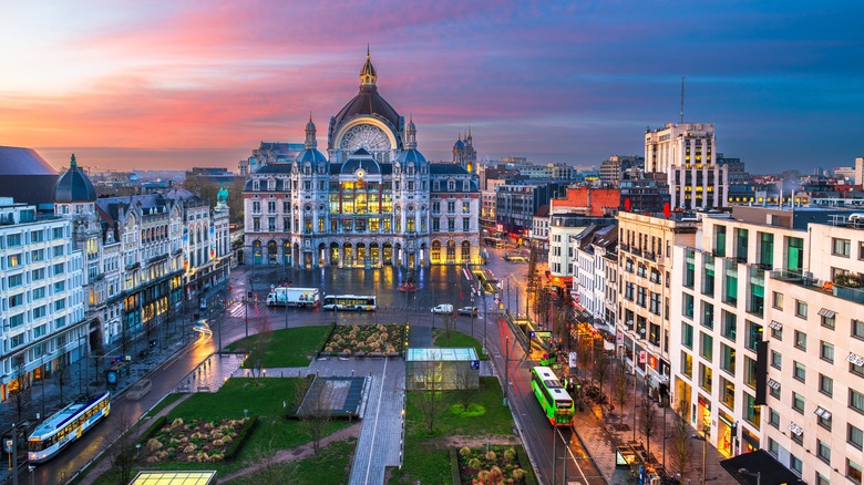 central square of city at sunrise