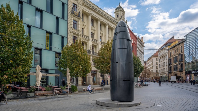 city street with modern art installation