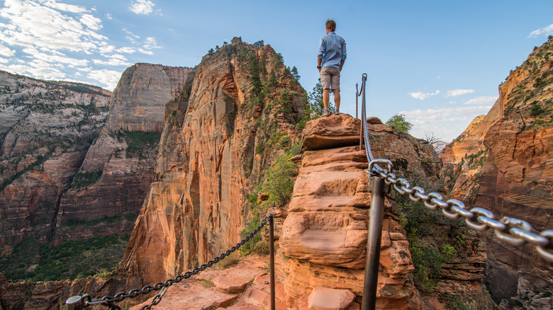 hiker at angel's landing chain trail