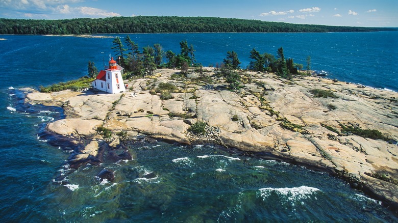 Aerial view of red lighthouse