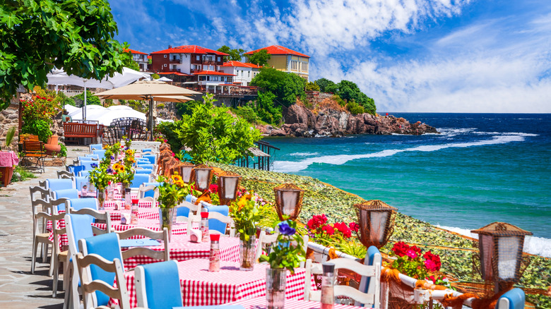 Restaurant tables by Bulgaria's Black Sea