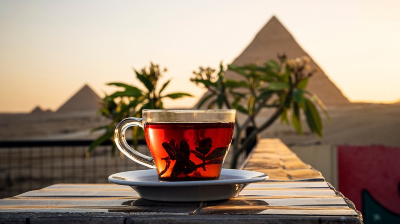 mint tea with pyramids behind