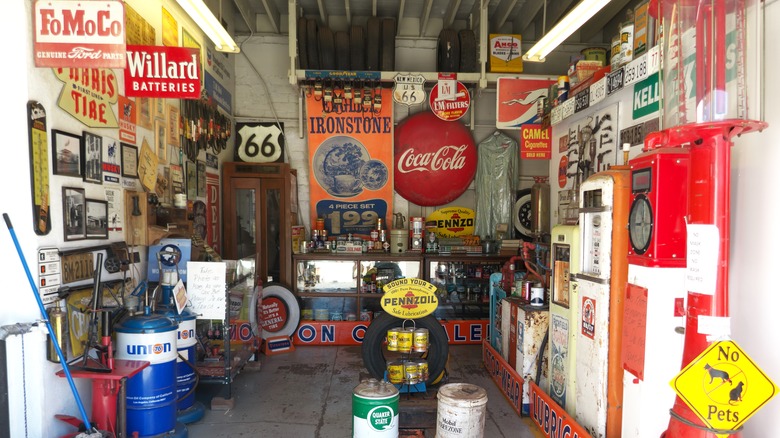 Garage vintage road signs gas pumps