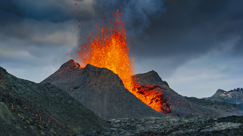 Lava bursts out of a volcano in Iceland