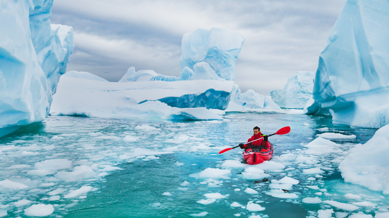 Tourist winter kayaking in Antarctica