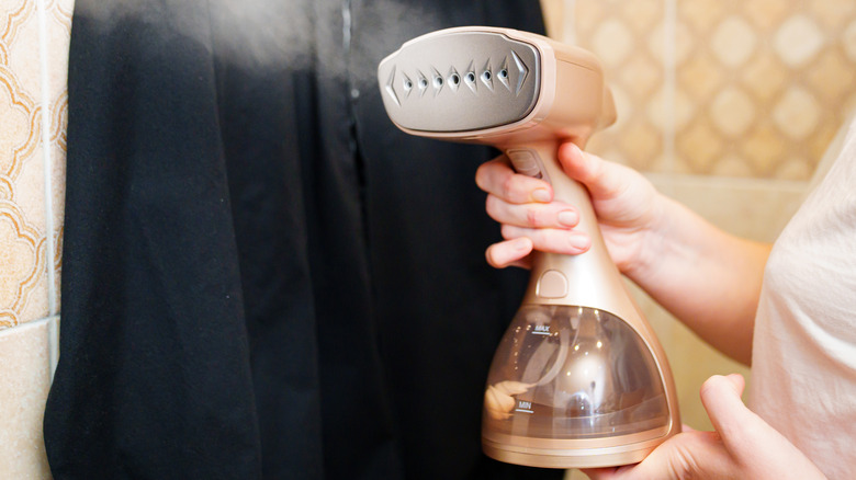 Person holding a clothing steamer