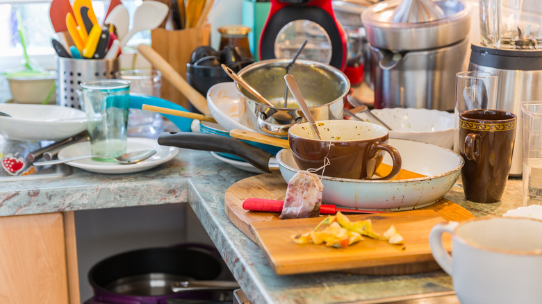 dirty dishes on kitchen counter