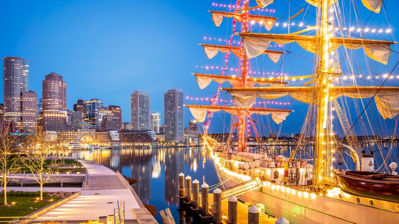 Boston Waterfront Sailboat Illuminated Twilight