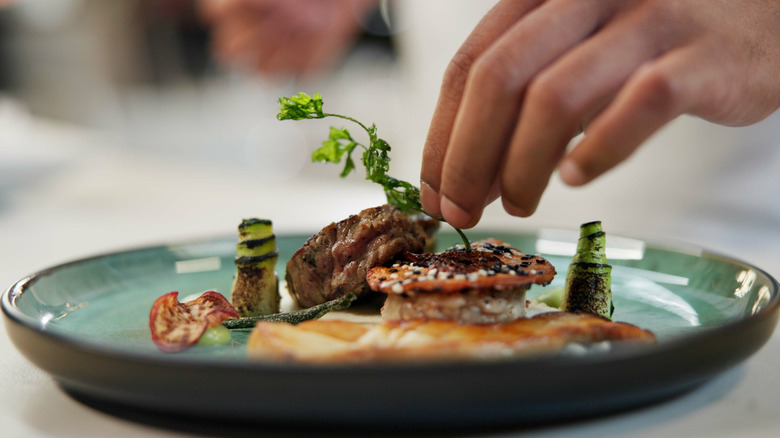 hand putting garnish on fancy meal