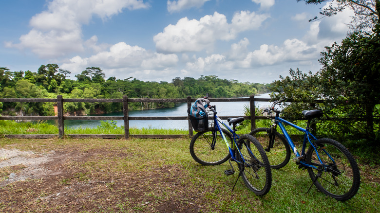 Two parked bicycles near water