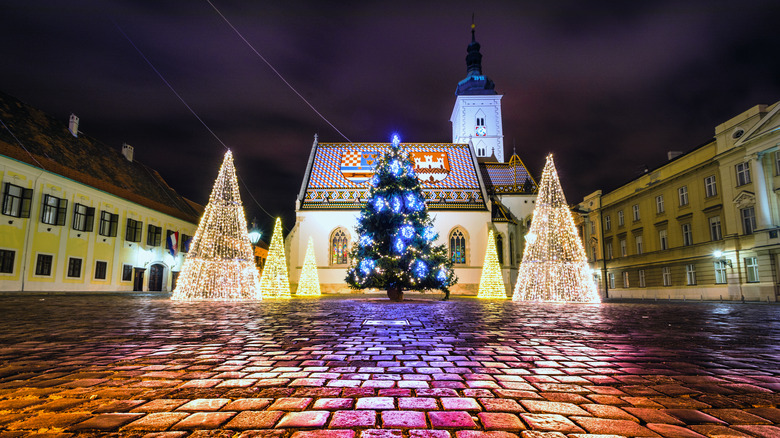 town square with Christmas tree