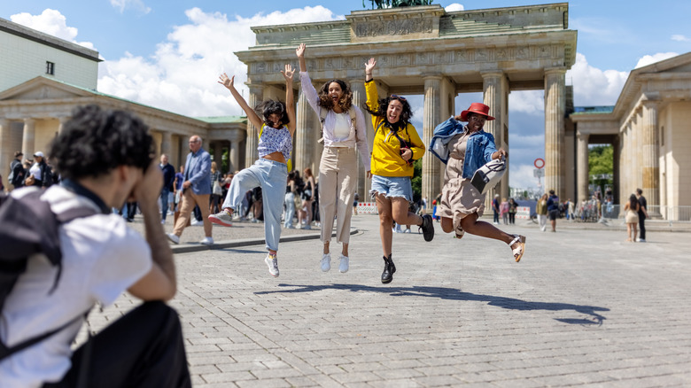 Tourists posing for a photo in Europe