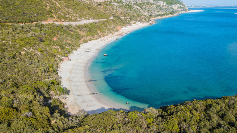 Aerial view of the white sand of Praia dos Galapinhos