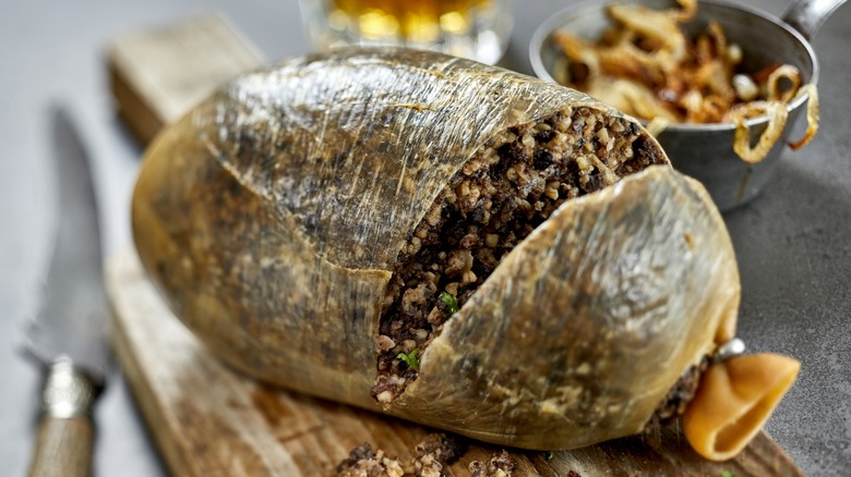 Scottish haggis mixture cut open