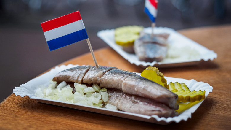 Dutch pickled herring street food