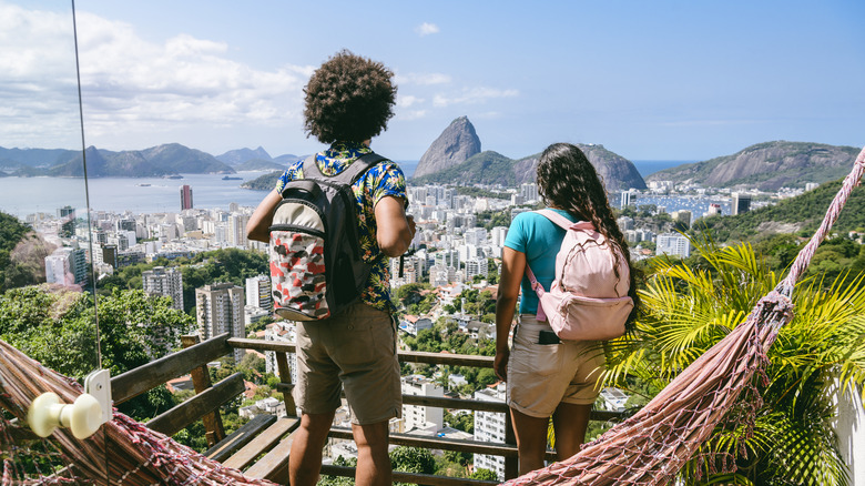 Two travelers with backpacks