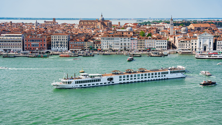 Aerial view of river cruise boat near Venice canals