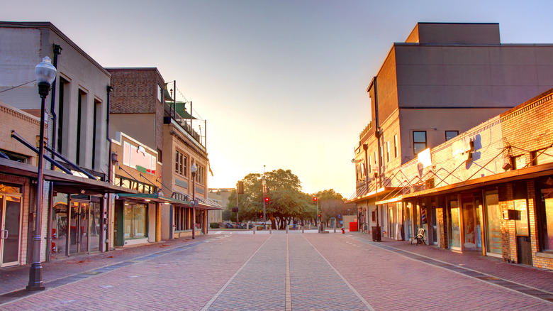 Storefronts on pedestrian street in downtown College Station, Texas