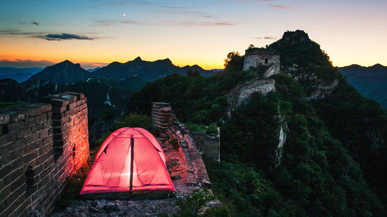 Red tent at night on Great Wall of China