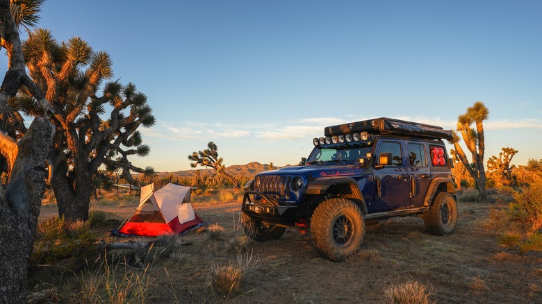 Jeep and tent in Mojave Desert