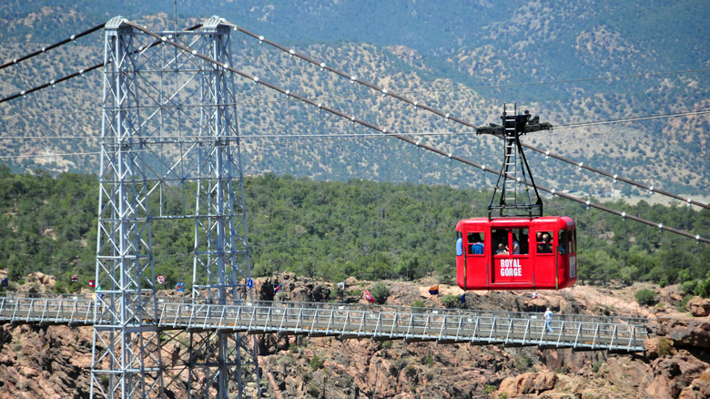 Red gondola and Royal Gorge Bridge in Colorado