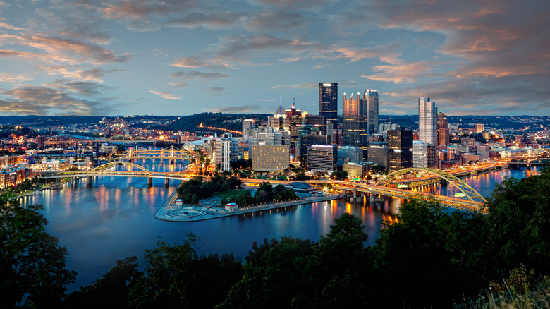 An aerial view of the Pittsburgh skyline.