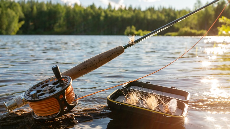 Flies and reel on river