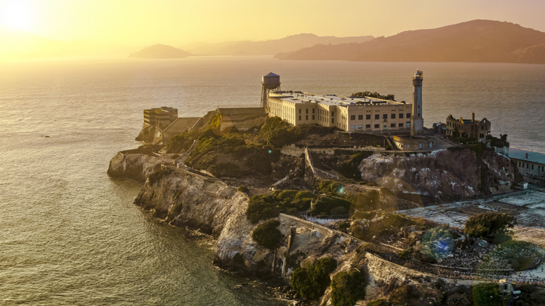 Overhead shot of Alcatraz at sunset