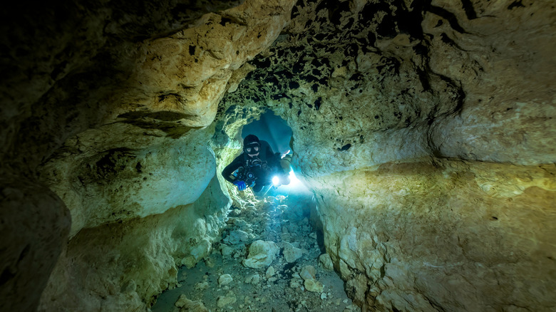 Cave diver with a flashlight in Florida