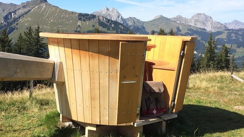 Fondue-shaped outdoor picnic table in the Swiss Alps