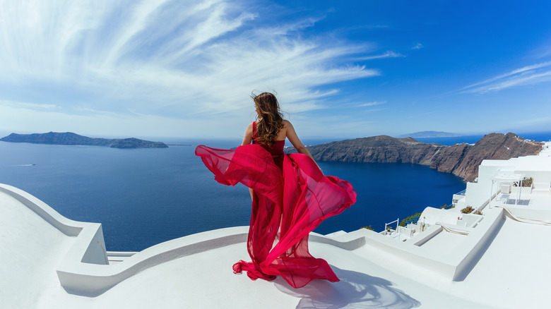 Woman red silk dress Santorini