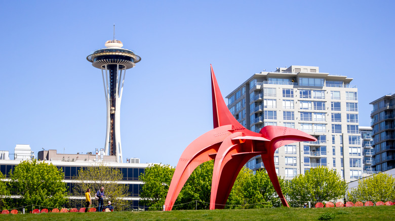 Space Needle and red sculpture