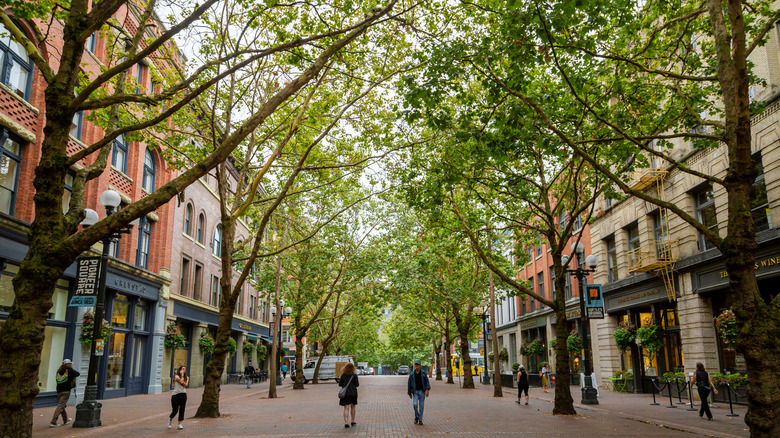 pedestrians on Seattle tree-lined street