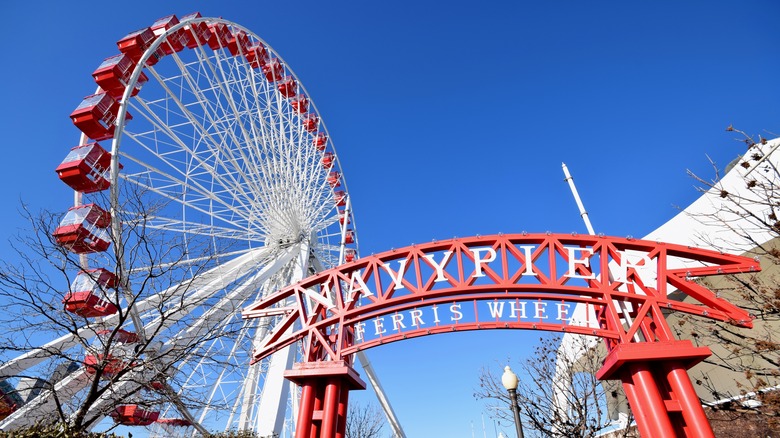Navy Pier sign and ferris wheel
