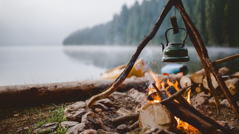 Kettle hanging above a campfire
