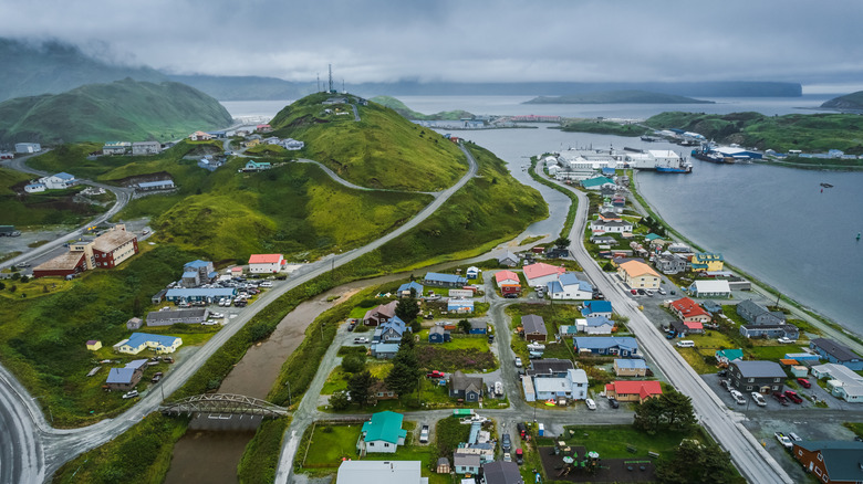 Aerial view of the treeless landscape of Unalaska