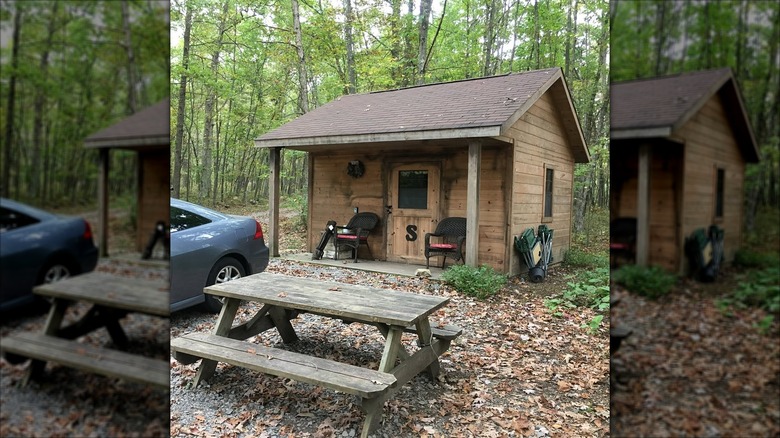 Wooden glamping hut in the forest