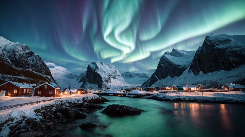 Northern Lights above snowy town