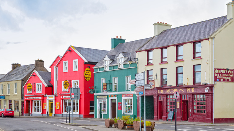 Colorful buildings including an Irish pub