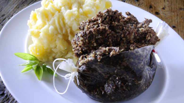 Close up of haggis and potatoes