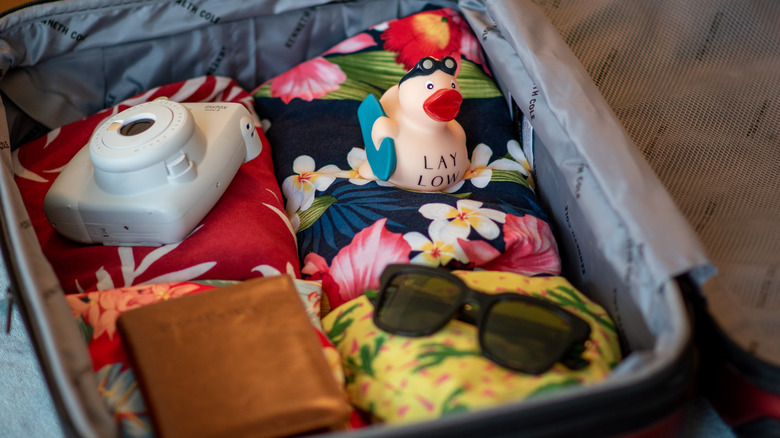 A rubber duck in a luggage