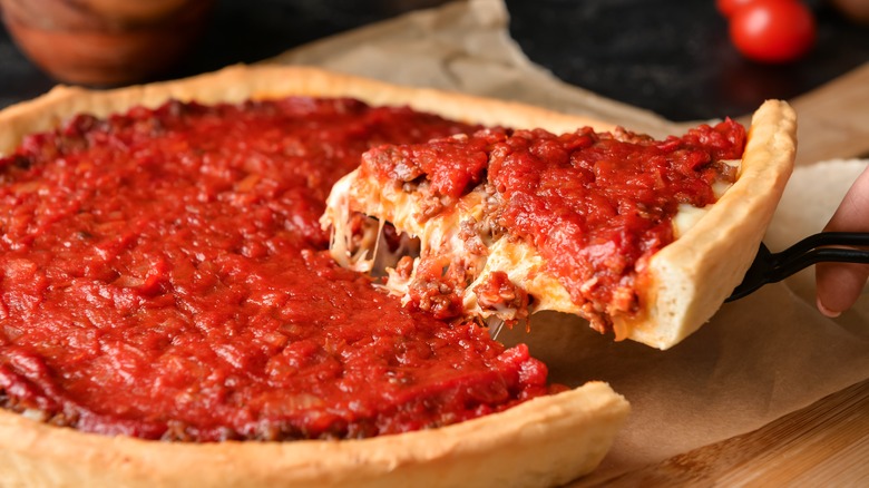 A Chicago style deep dish pizza