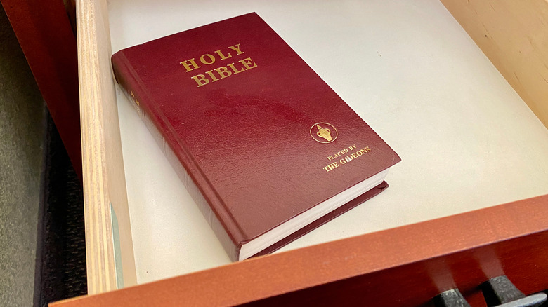 Bible placed by Gideons open hotel drawer