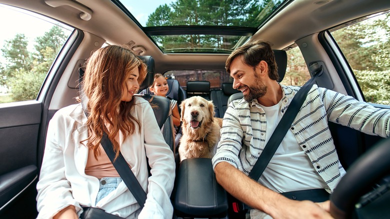 couple with child and dog in car