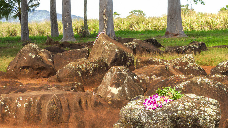 Hawaiian leis draped over Kukaniloko royal birthstones on the island of Oahu