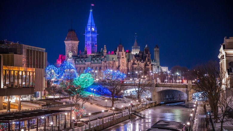 Festive lights in Ottawa at night